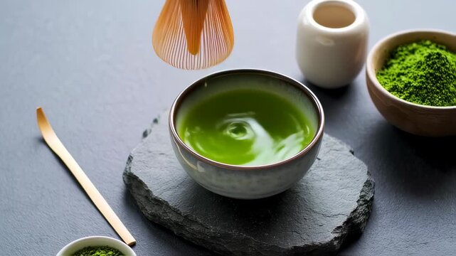 A hand whisks bright green tea in a bowl, surrounded by powder, tools, and a small white jar