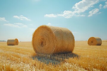 Golden hay bales in harvested wheat field under blue summer sky with fluffy white clouds, rural agricultural landscape.