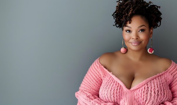 Confident African American woman with curly hair in pink sweater smiling against gray background, showcasing body positivity and modern femininity.