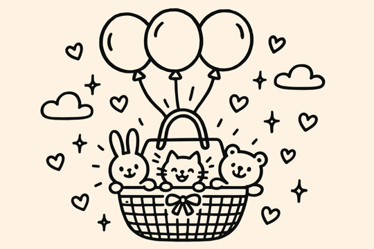 Animal Balloon Adventure. A doodle illustration of a reticule floating with balloons, carrying tiny cheerful animals inside, while