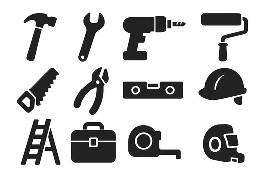 Construction Tools Icons. Solid style icons of construction tools: hammer, wrench, screwdriver, drill, saw, pliers, level tool,