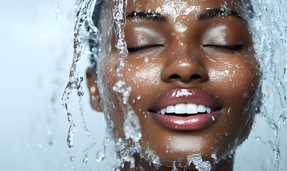 Young African woman with closed eyes enjoying refreshing water splashing on face, expressing joy and relaxation during skincare routine.