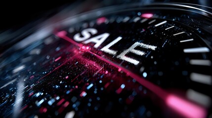 Close-up of speedometer gauge with SALE text highlighted by red light, symbolizing urgency and limited-time offers in retail promotions.