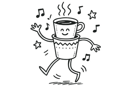 Dancing Zarf Delight. A doodle of a zarf with long legs dancing joyfully while balancing its coffee cup, as cheerful notes and