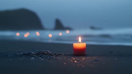 Solitary orange candle burning on dark beach at twilight with blurred coastal silhouette and distant lights reflecting on wet sand.