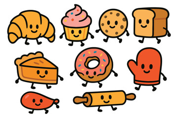 A collection of cute, anthropomorphic baked goods including a croissant, cupcake, cookie, bread, pie, donut, and oven mitt.