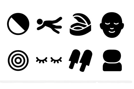 Isolation Experience Icons. Solid style icons of Isolation Experience: Darkness, Float, Tank, Calm Face, Water Ripples, Closed