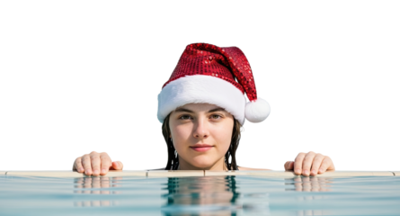 Portrait of a serene young woman in a red sequined Santa hat looking out from a swimming pool, enjoying a warm climate Christmas vacation against an isolated black background