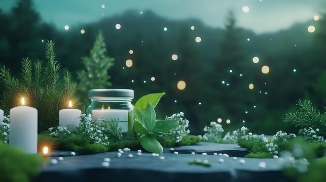 Serene evening arrangement with lit candles, glass jar, and fresh greenery against forest backdrop with magical bokeh lights creating peaceful ambiance.
