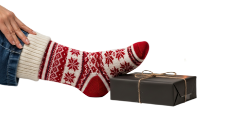 A person wearing cozy, knitted socks with a festive snowflake pattern rests their foot on a wrapped gift box, creating a warm and relaxing holiday scene against a dark background
