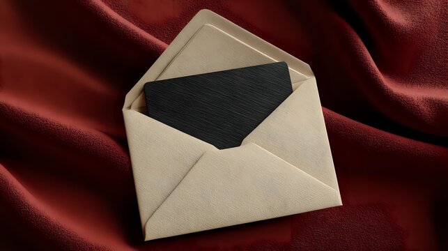 Open beige envelope with black card on luxurious burgundy satin fabric background, creating elegant contrast for wedding invitations or formal correspondence.