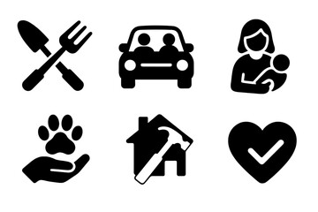 Shared Services Icons. Solid style icons of shared services: gardening tools, carpool, babysitting, tutoring, pet care, home