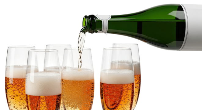 Close-up of a sparkling golden beverage being poured from a green bottle into a row of modern glasses, creating a festive and luxurious atmosphere on a black background