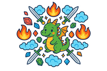 Fiery Dragon Mandala. Dragon in the middle with flames, clouds, swords, and jewels radiating outward in symmetrical fantasy