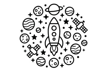 Cosmic Mandala Illustration. Rocket in the center with planets, stars, satellites, and asteroids arranged in a circular cosmic