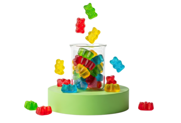 Vibrant, multicolored gummy bear vitamins dynamically falling into a laboratory beaker that is resting on a green pedestal, isolated on a solid black background