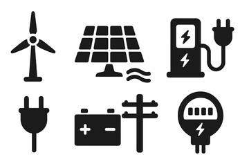 Renewable Energy Icons. Solid style icons of renewable energy systems: windmill, solar panel, hydro turbine, charging station,