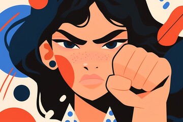 Woman with a determined expression displaying a raised fist, symbolizing female power and solidarity. International Womens Day concept for social justice and empowerment.