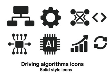 Driving Algorithms Icons. Solid style icons of driving algorithms: flowchart, gear, neural network, code brackets, circuit board,