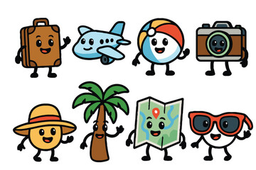A collection of cute, anthropomorphic travel items and vacation symbols, all with smiling faces and waving arms, ready for an adventure.