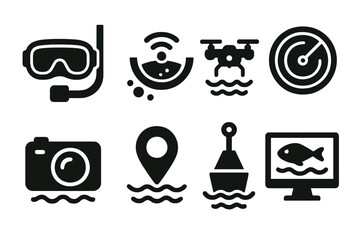 Underwater Monitoring Icons. Solid style icons of underwater monitoring: scuba mask, sonar, drone, radar, camera, GPS pin, buoy,