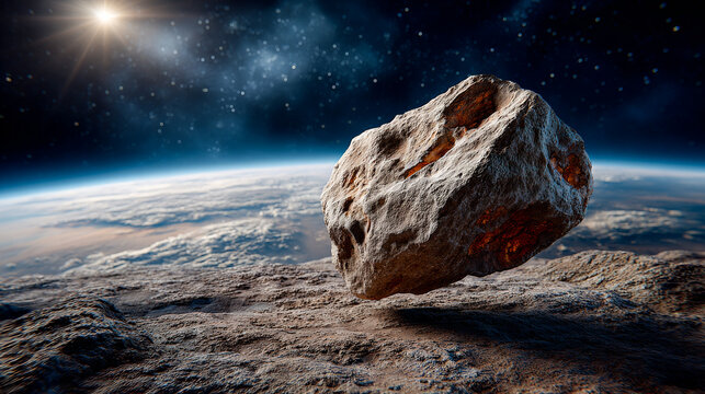 An asteroid hovers above Earth, with a backdrop of stars and celestial objects, highlighting the vastness of space.
