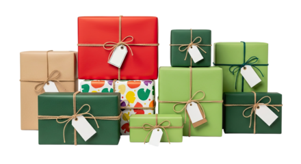 A large pile of colorful gift boxes wrapped in red, green, and patterned paper with twine and blank tags, isolated on a black background for a festive holiday celebration