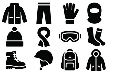 Winter Gear Icons. Solid style icons of winter gear: ski jacket, snow pants, gloves, balaclava, beanie, scarf, goggles, thermal