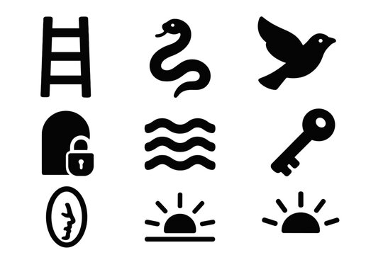 Symbolic Dream Icons. Solid style icons of Symbolic Dreams: Ladder, Snake, Flying Bird, Locked Door, Water Waves, Open Key, Mirror
