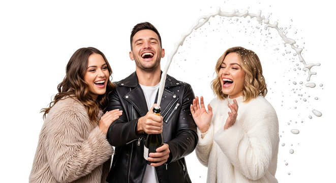 Cheerful young man with two beautiful women friends celebrating an event, popping a champagne bottle with a dynamic splash against an isolated black studio background