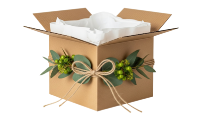 An open brown cardboard box decorated with a natural twine bow, eucalyptus leaves, and green berries, revealing white tissue paper inside, isolated on a solid black background