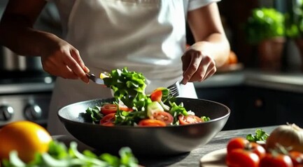 Woman preparing fresh salad with vegetables in modern kitchen  