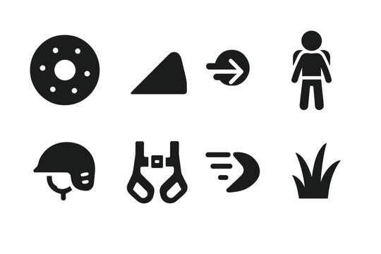 Gravity Adventure Icons. Solid style icons of Gravity-Powered Recreation: Zorbing Ball, Hill, Momentum, Adventure, Helmet, Harness