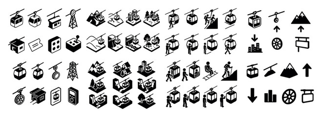 Cable car and mountain icons set