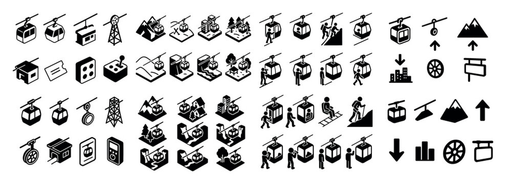 Cable car and mountain icons set