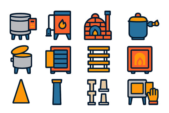 Stylized Kiln Icons. Flat vector icons of kilns: electric kiln, gas kiln, wood-fired kiln, raku kiln, top-loading kiln,