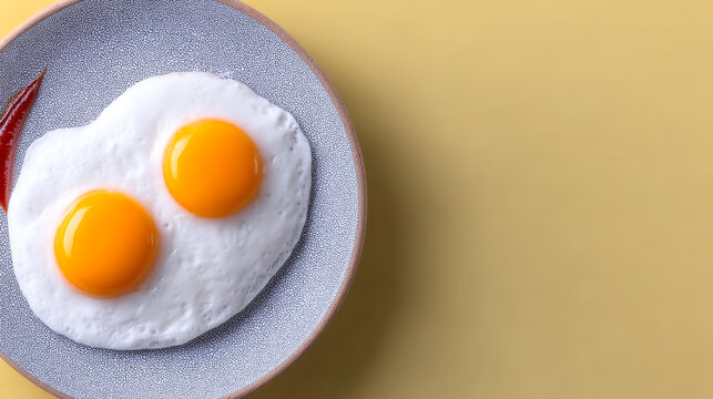 Two sunny-side up eggs with golden yolks sit on a light blue plate, ready for breakfast.