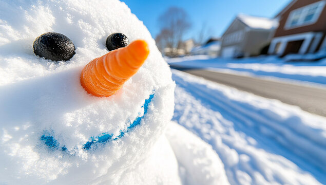 A cheerful snowman with a carrot nose stands in front of a sunny neighborhood on a snowy winter day. - Powered by Adobe