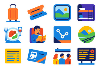 Obraz premium Modern Train Travel Icons. Flat vector icons of train travel: luggage on platform, ticket stub, train window view, sleeper bunk,