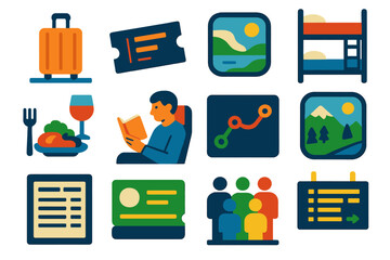 Obraz premium Modern Train Travel Icons. Flat vector icons of train travel: luggage on platform, ticket stub, train window view, sleeper bunk,