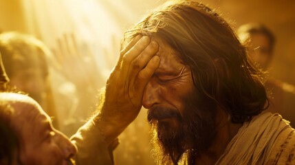 Jesus Christ healing with his hands blind man