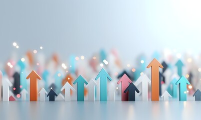 Colorful upward arrows in various sizes showing growth and progress trends against soft blurred background, representing business success and positive statistics.