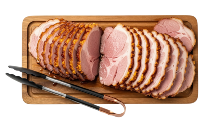 Perfectly roasted and thinly sliced pork belly or ham with golden crispy skin is arranged beautifully on a rustic wooden cutting board with serving tongs, isolated on black