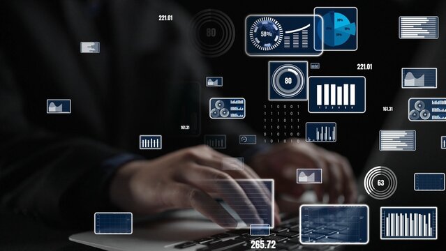 A focus on hands typing on a laptop with floating digital graphics and data visualizations emphasizing technology, analysis, and modern workspace creativity. Xenic