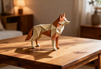 Ceramic Origami Wolf in Cozy Interior create with ai