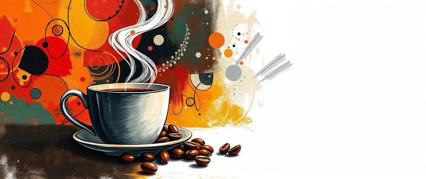 Painting of a steaming coffee cup and roasted coffee beans against a colorful abstract backdrop with energetic vibe, copy space for text on a neutral background - Powered by Adobe