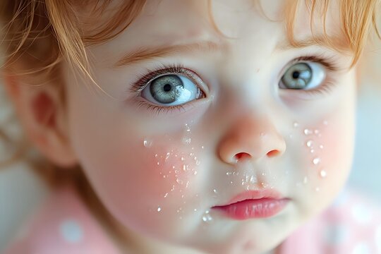 Close-up portrait of young Caucasian girl with blue eyes, ginger hair, and glitter freckles on rosy cheeks, wearing pink clothing.