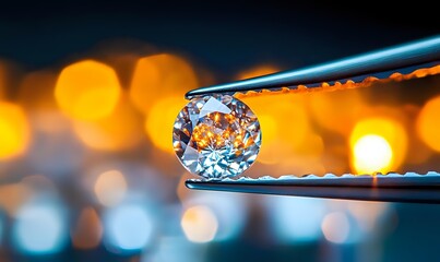Brilliant diamond held by tweezers against warm golden bokeh background, showcasing luxury jewelry craftsmanship for gemstone advertising.