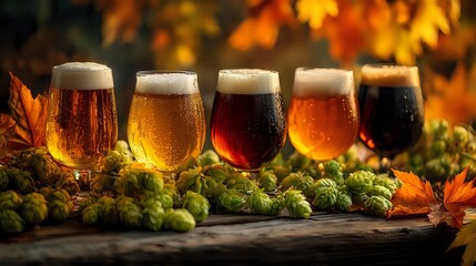 Variety of craft beer glasses with different colored brews surrounded by fresh hops and autumn leaves on rustic wooden surface.