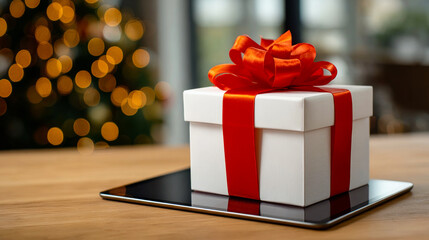 Brightly wrapped gift box with a red ribbon sits on a table beside a decorated Christmas tree.